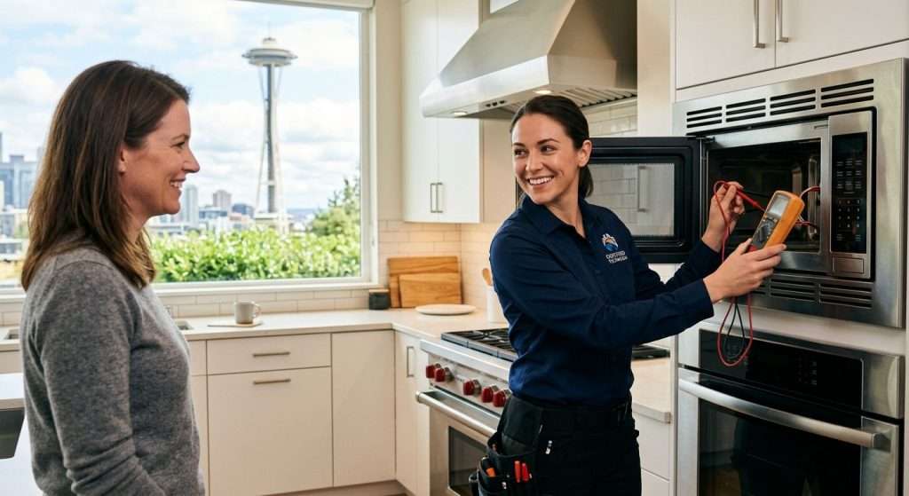 Certified appliance technician testing a built-in microwave in a bright Seattle kitchen, with Space Needle view and warm natural lighting