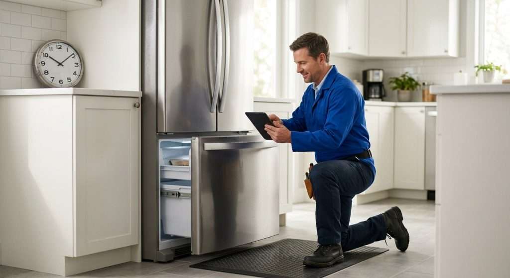 Certified technician kneeling by open refrigerator in bright kitchen with tablet and tools