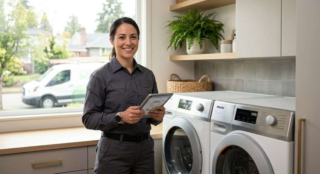 Certified appliance repair technician with a tablet beside a washer and dryer in a bright Seattle-area laundry room
