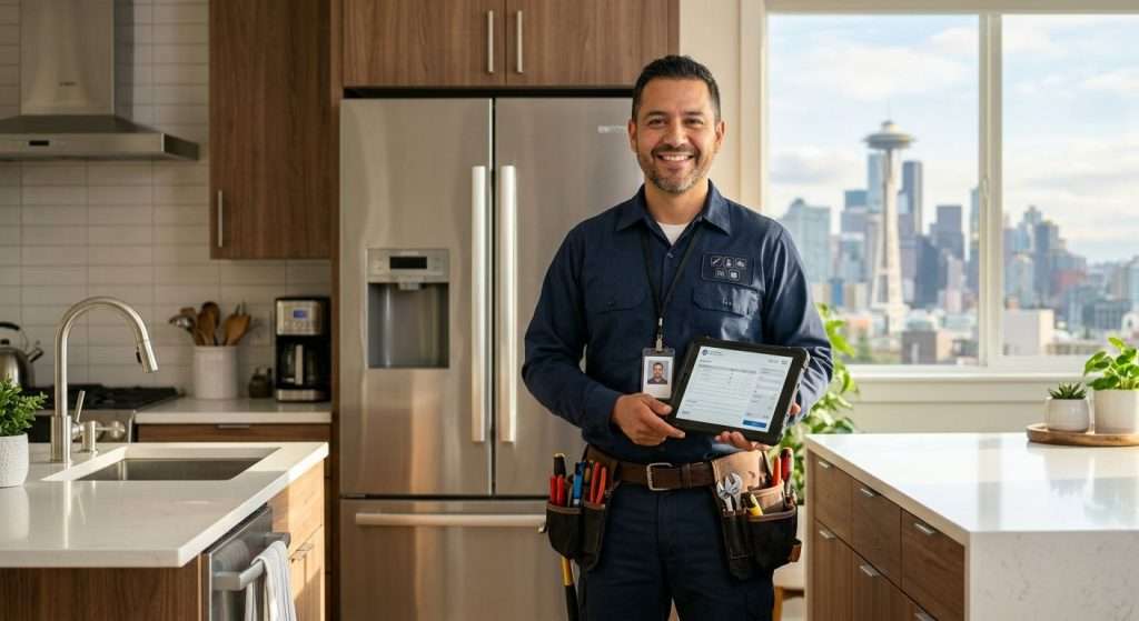 Certified appliance repair technician in navy blue uniform smiling while holding a tablet in a modern Seattle kitchen with stainless steel refrigerator and view of Seattle skyline and Space Needle through window.