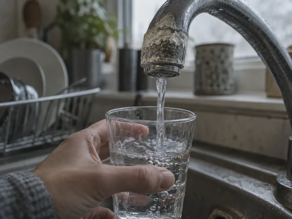 Close-up of limescale and mineral buildup on a kitchen faucet while filling a glass of water