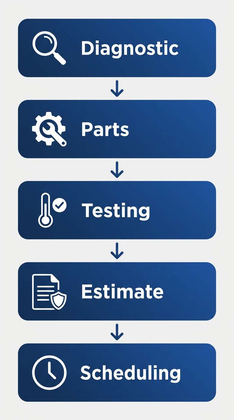 Five stages of professional refrigerator repair process: diagnostic inspection, parts replacement, thorough testing, upfront estimate with warranty, and same-day scheduling
