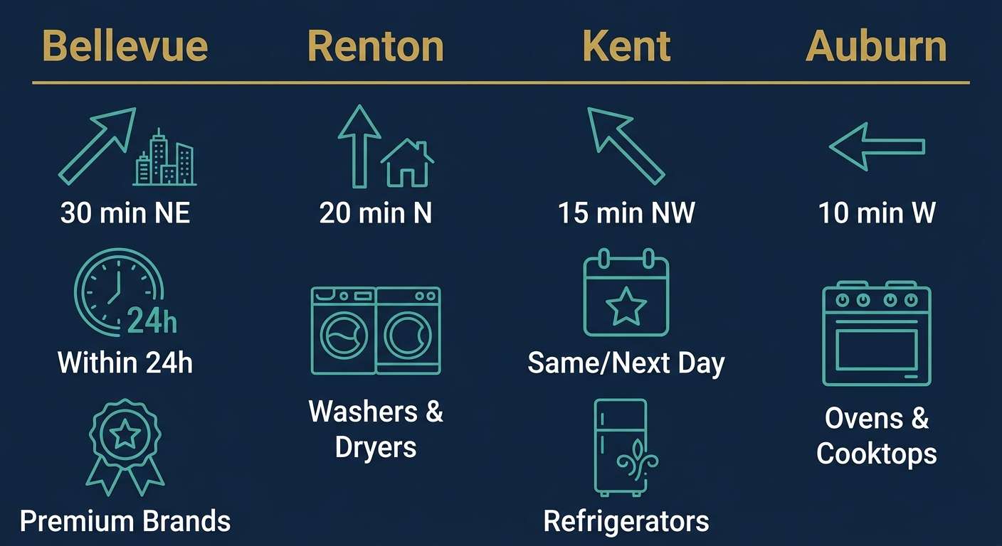 Infographic with four columns for Bellevue, Renton, Kent, and Auburn showing travel times, service types, and availability icons on a deep navy background with gold headers and teal outlines.