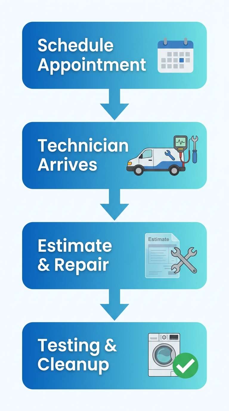 Vertical process flow diagram showing four appliance repair steps: Schedule Appointment, Technician Arrives, Estimate & Repair, and Testing & Cleanup, with blue-to-teal gradient rounded rectangles connected by downward arrows.
