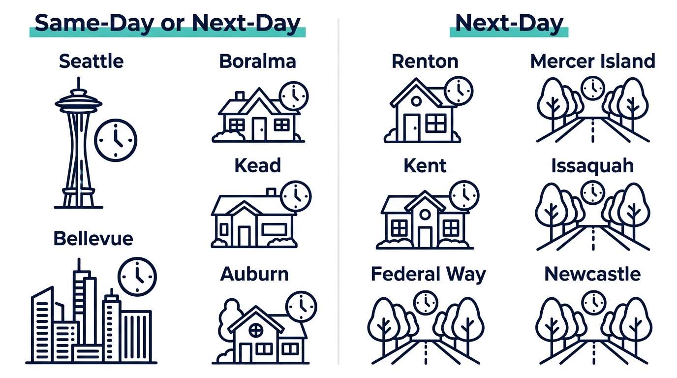 Two-column infographic comparing same-day or next-day microwave repair availability across Seattle metro neighborhoods, with location icons and clock icons for Seattle, Bellevue, Renton, Kent, Auburn, Federal Way, Mercer Island, Issaquah, and Newcastle.