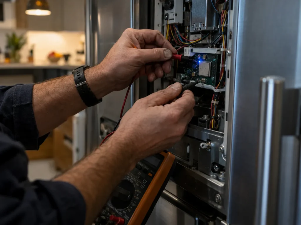 Technician using a multimeter to diagnose a smart appliance control board with a Wi-Fi module