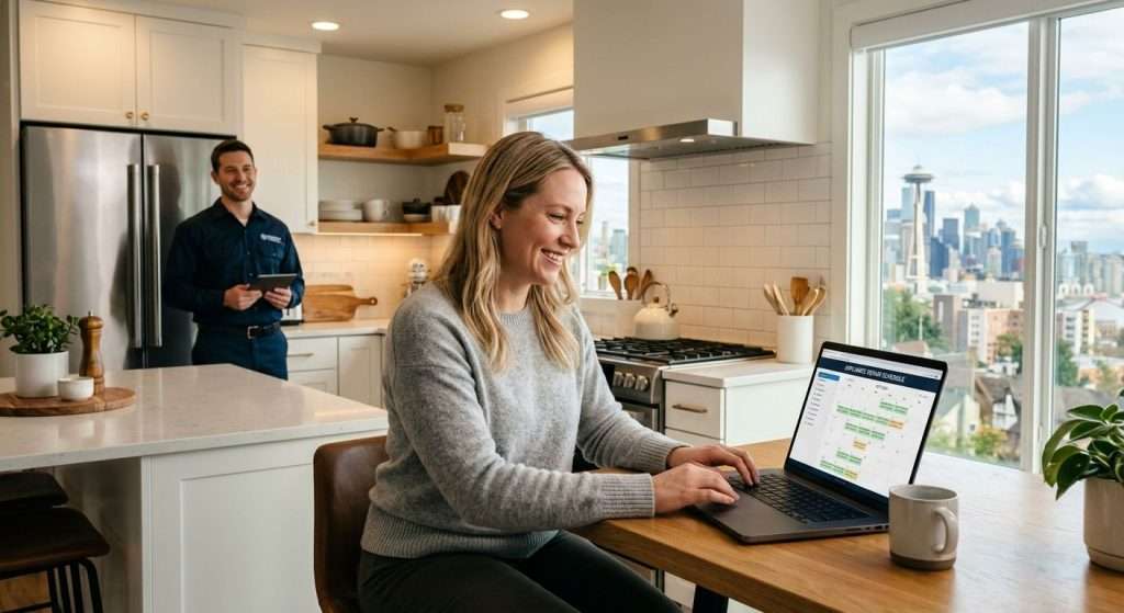 Homeowner using laptop in modern kitchen to schedule appliance repair with technician ready to assist, Seattle skyline visible through window.