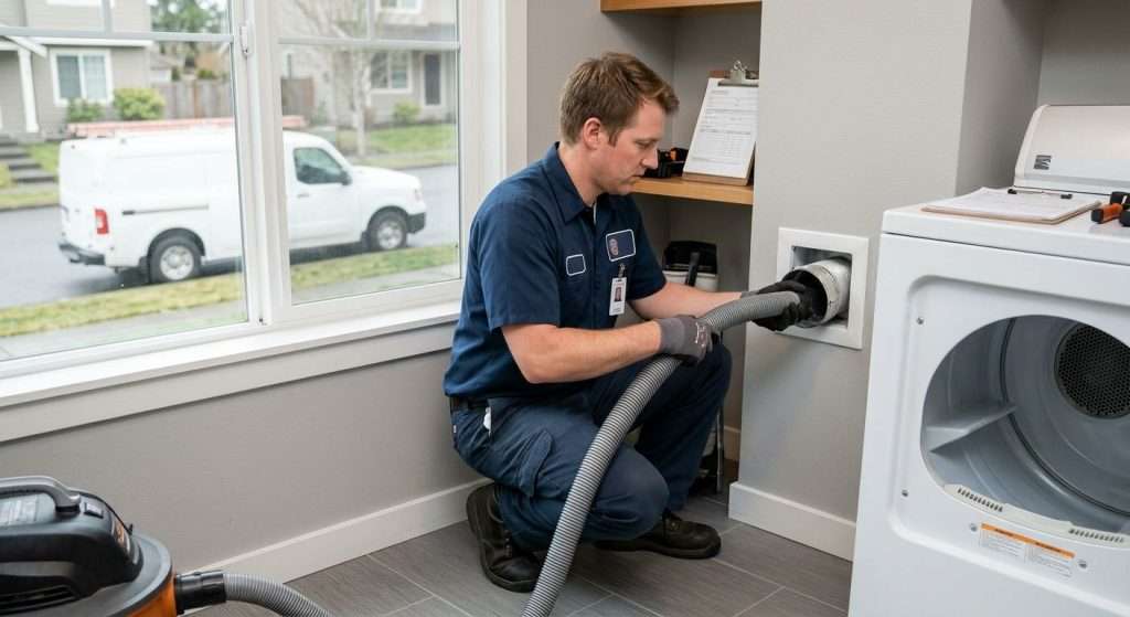 Professional photo of a certified technician cleaning a dryer vent in a Seattle laundry room with company van outside