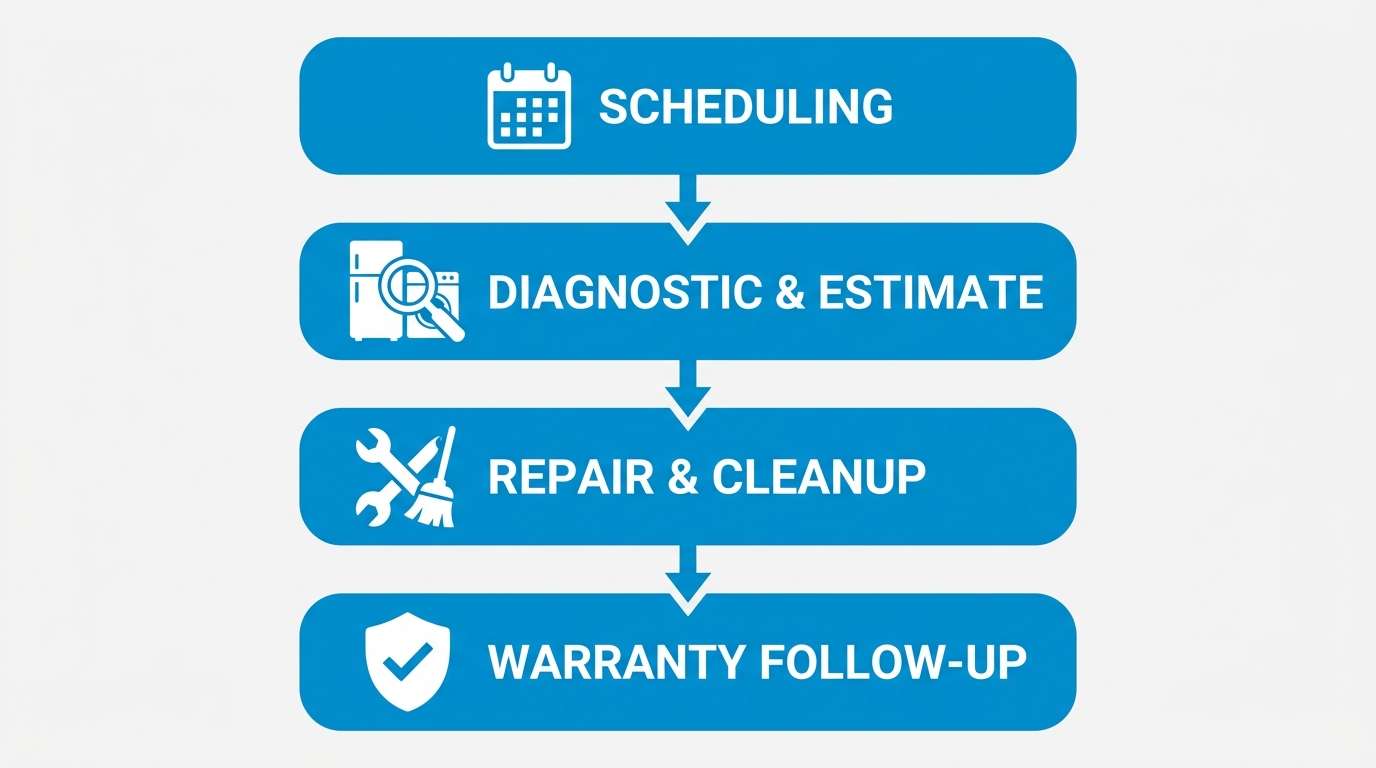 Vertical process flow with four blue rounded rectangles showing appliance repair steps: Scheduling, Diagnostic & Estimate, Repair & Cleanup, and Warranty Follow-up, connected by downward arrows with icons.