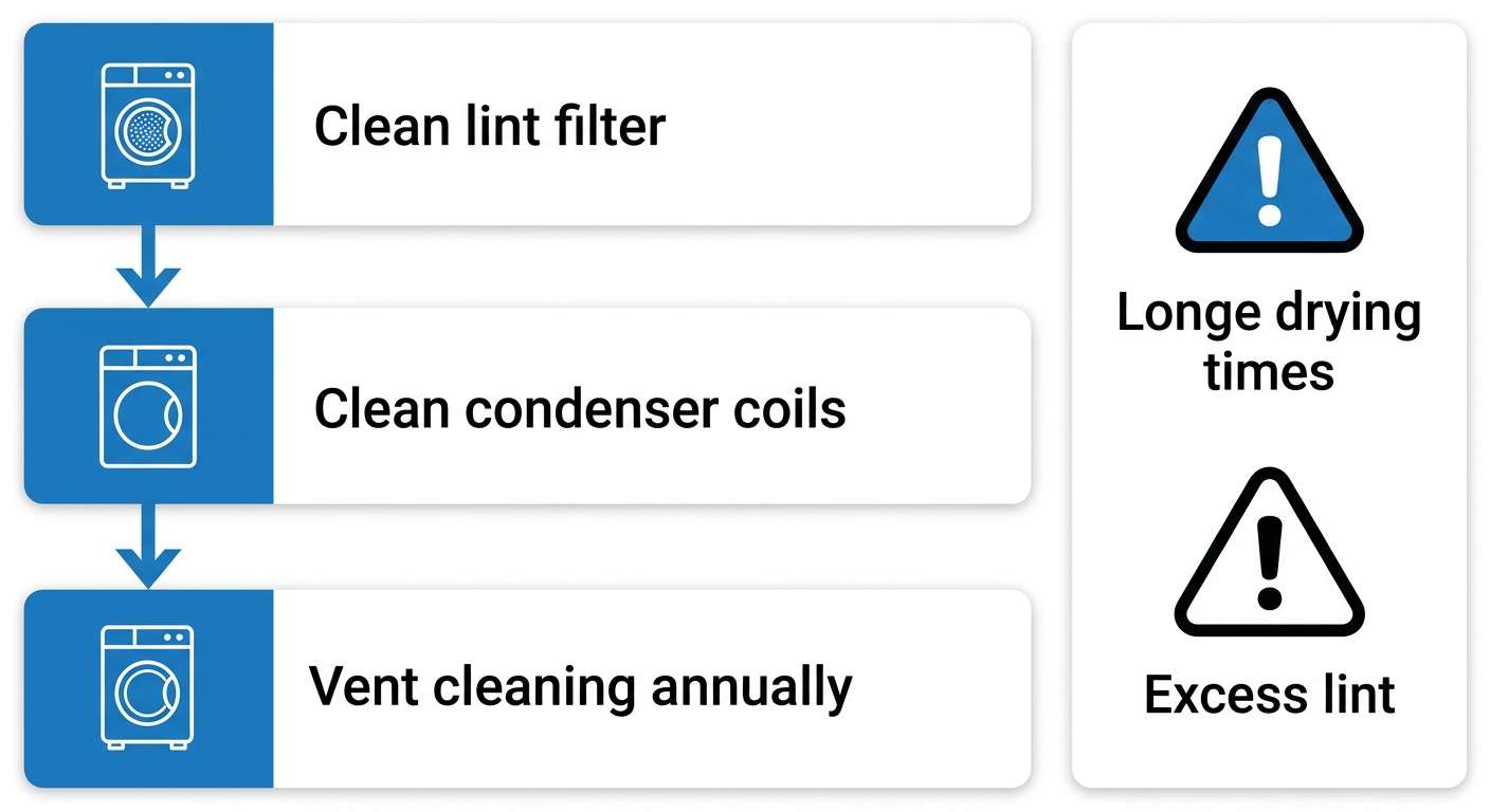 Vertical process flow diagram for dryer maintenance with three stages on left and warning signs on right