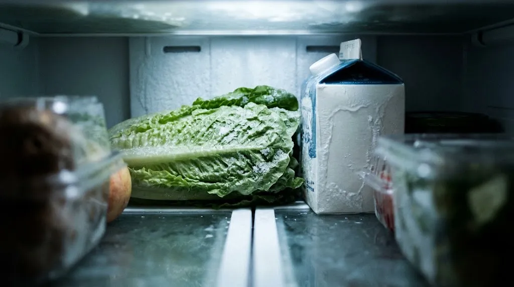 Lettuce and a milk carton frosted with ice inside a refrigerator